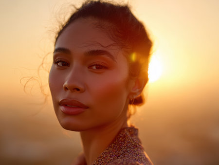 Serene portrait of a woman gazing at the camera with soft lighting from the setting sun creating a warm, golden glow around her. Hair is slightly tousled, adding a natural touchの素材