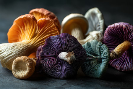 Vibrant and colorful mushrooms with intricate gills in shades of orange, purple, blue, and beige are arranged closely together on a dark surface, showing natural beautyの素材