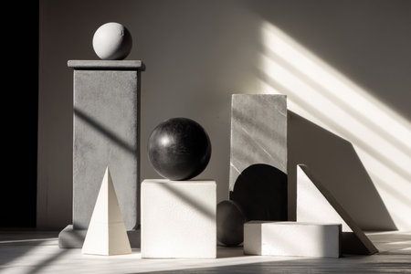 Geometric shapes with spheres and cubes arranged artistically in soft light, casting dramatic shadows. The setting conveys an abstract and artistic expressionの素材