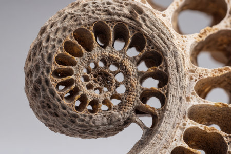 Intricate spiral formation resembling a fossil with detailed porous texture and varied shades of brown and gray, displaying an organic and symmetrical pattern with circular holesの素材