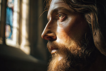 Detailed close-up of a statue's face with strong natural light highlighting its features, showcasing a bearded figure gazing solemnly. A blurred stained glass window appears in the backgroundの素材