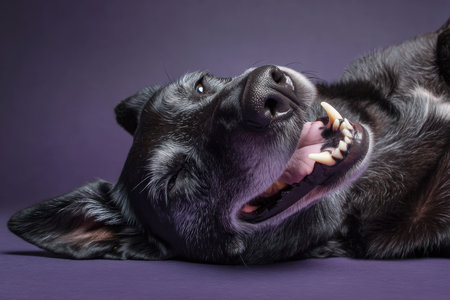 A black dog lies on its side with an open mouth, showing teeth and a joyful expression. The fur shows hints of gray, suggesting age. Ears are perked and eyes are expressive, adding charmの素材