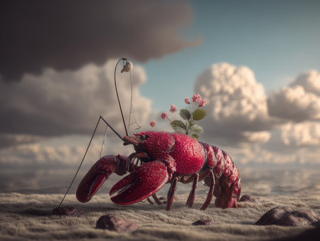 A lobster with vibrant red shell stands on sand, carrying pink flowers on its back. The sky is dramatic with large fluffy clouds, creating a surreal and imaginative atmosphereの素材