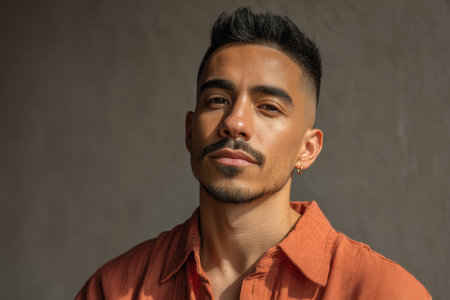 Portrait of a man with short dark hair, wearing an orange shirt. He has a beard, mustache, and an earring. Light falls on his face, creating a soft shadow on the right sideの素材