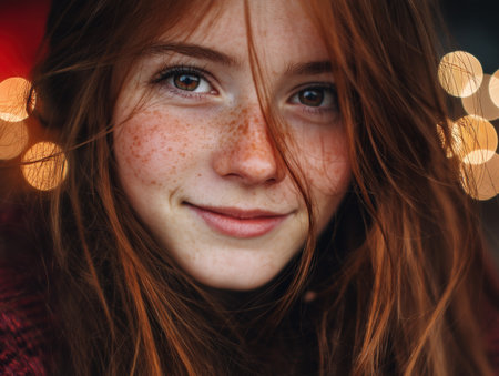 Young person with red hair and freckles smiles warmly at the camera. Soft lighting and out-of-focus lights create a warm, inviting atmosphere, adding a gentle glow to the portraitの素材