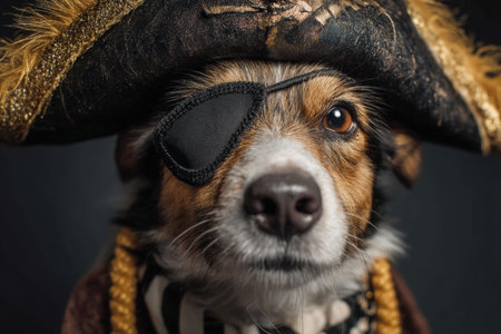 Adorable dog dressed as pirate with hat, eye patch, and striped scarf, looking intently at the camera. The detailed costume features gold trim and feather detailsの素材
