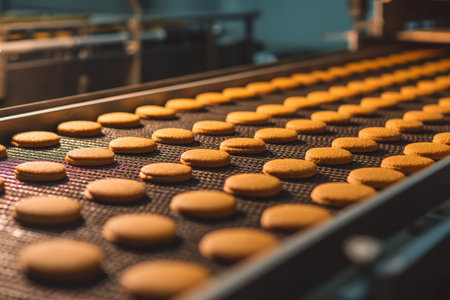 Cookies on industrial conveyor belt, organized in neat rows. Focus on foreground treats with blurred machinery in background. Warm lighting enhances baked goods' golden brown colorの素材
