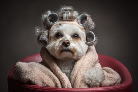 Small dog wrapped in a beige towel, head covered with hair curlers, sitting in a red chair, looking directly at the camera with a serious expression. Curly fur accentuates the sceneの素材