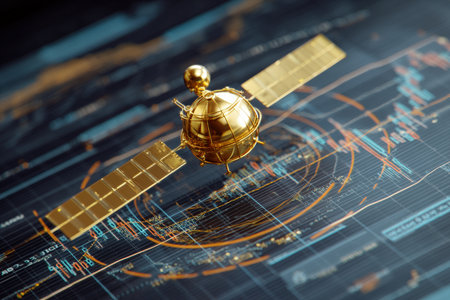 Golden satellite model with solar panels hovers over a digital chart featuring blue and orange lines and symbols. The detailed structure contrasts with the technical data layerの素材