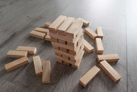 logic and cordination game, balance, game for kids, no stress with wooden blocksの写真素材