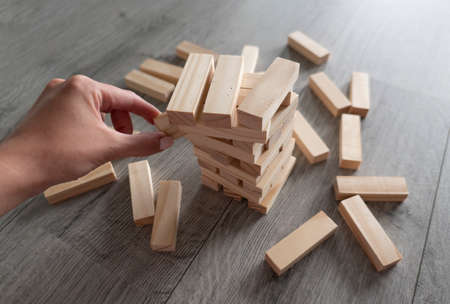 logic and cordination game, balance, game for kids, no stress with wooden blocksの写真素材