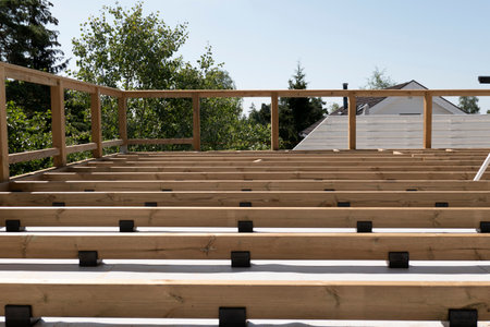 Detail of new terrasse on house under construction wood build carpentryの写真素材