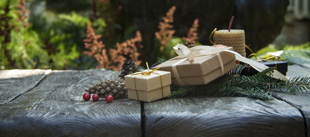 festive christmas background top view on  wooden table textureの写真素材