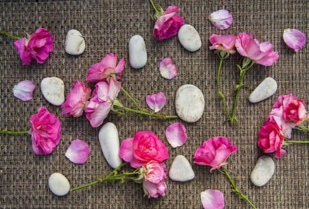 Pink rose bouquet and petals, round sea stones for spa, on wooden rustic backgroundの写真素材