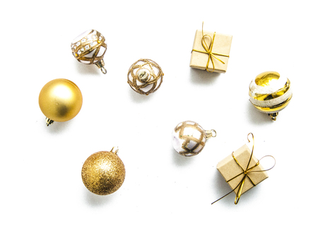 christmas gift  boxes and balls on white backgroundの写真素材