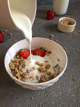 granola with yogurt and strawberryの写真素材