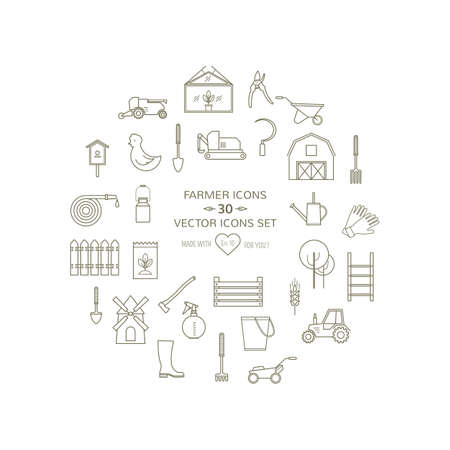 Farmer gardeninng tools icons set on isolated background. 20 high quality simple linier icons. Vector illustration eps 8のイラスト素材