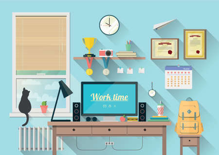 Vector illustration of  modern workplace in room. Creative office workspace with equipment, elements, objects. Flat minimalistic style in stylish colors. Flat design with long shadows, icon collectionのイラスト素材