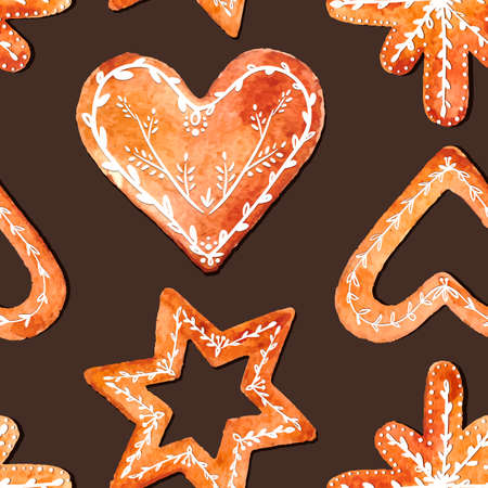 Seamless pattern of cute watercolor gingerbread. Holidays gingerbread cookies.Vector watercolor illustration, eps10.のイラスト素材
