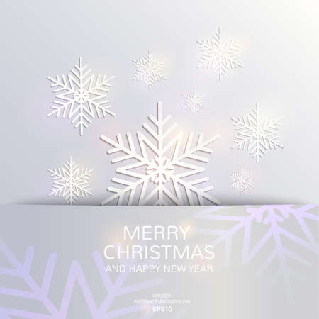 Abstract snowflakes paper 3D. Beautiful Christmas and New Year card template. Vector illustration, winter background. Silver glowing and glittering backdrop. Cut-out paper Design.のイラスト素材
