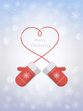 Christmas greeting card with mittens on blue background. Knitted red mittens with a rope in the shape of  heart. Christmas and New Year card template. Winter background with white and silver snowflakes and bokeh.のイラスト素材