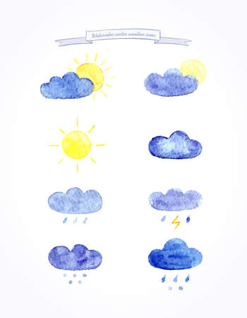 Watercolor vector set of weather icons. Weather template. Vector illustration.のイラスト素材