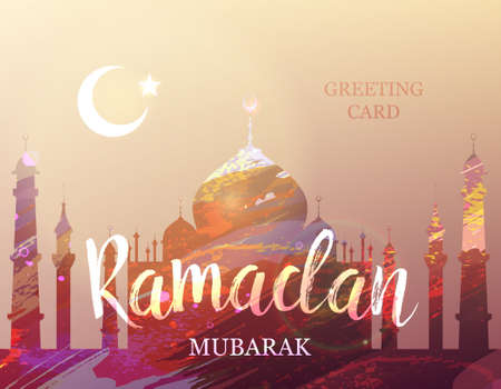 Ramadan Mubarak. Month of fasting. Template for creative greeting card, arabic celebration. Islamic abstract watercolor splash background with silhouette of a mosque.のイラスト素材