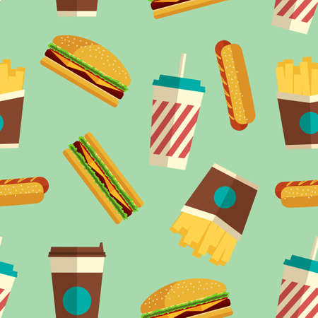 Fast Food icons pattern on turquoise background. Business lunch print. Modern color. Minimalistic style.のイラスト素材