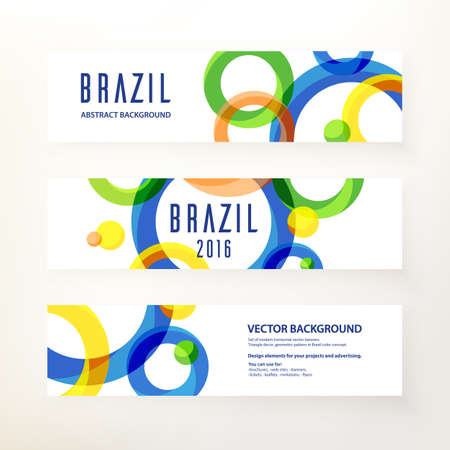 Set of modern horizontal vector banners. Circular ornament, geometric pattern in Brazil color concept. Design elements for your project and advertising. Concept brochure, web site, flyer, banner, ticketのイラスト素材