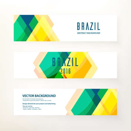 Set of modern horizontal vector banners. Triangle decor, geometric pattern in Brazil color concept. Design elements for your project and advertising. Concept brochure, web site, flyer, banner, ticketのイラスト素材