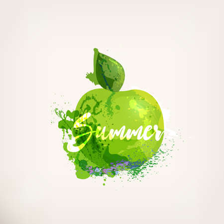 Watercolor green apple with lettering. Apples ink painting. Sweet fruit.Colloorful paint blots and stains. Hand drawn concept for your logo, farmers market, organic food, package design, herbal teaのイラスト素材
