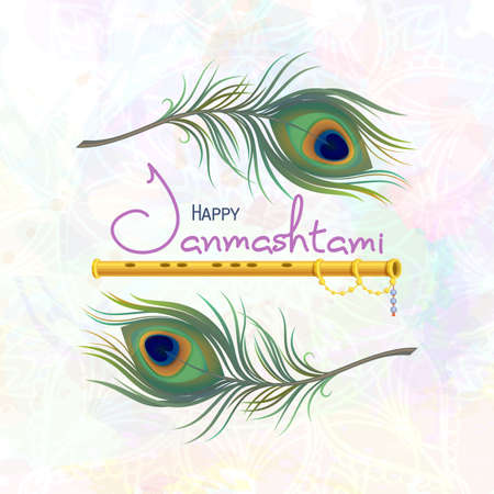 Happy Janmashtami. Greeting card for Krishna Janmashtami. Indian fest - celebrating birth of Krishna. Template for creative flyer, banner, poster. Vector illustration peacock feather and fluteのイラスト素材