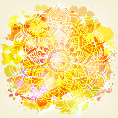 Hand drawn Mandala on watercolor background. Indian festival. Oriental pattern, ethnic background, bohemian ornament. Vector illustration for invitation, greeting card, tattoo art, yoga and textiles.のイラスト素材