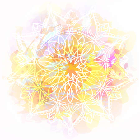 Hand drawn Mandala on watercolor background. Indian festival. Oriental pattern, ethnic background, bohemian ornament decor for invitation, greeting card, yoga and textiles. Vector Illustrationのイラスト素材