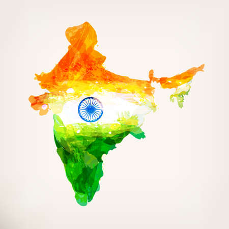 Indian hand drawn watercolor map. Watercolor background in national tricolors. India Independence Day. Template for cover design, advertising, greeting card, brochure, flyer. Vector illustrationのイラスト素材