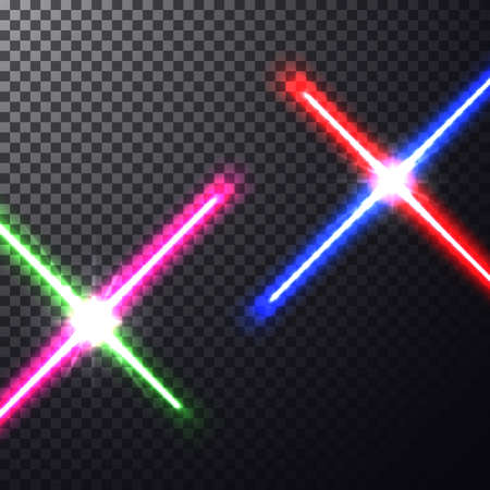 Realistic bright  laser halogen beams. Crossed light swords on isolated transparent background. Weapon futuristic from star war. Vector illustration, pattern design elements for your projectsのイラスト素材