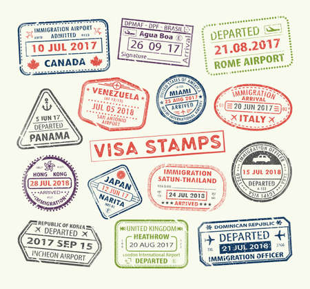 Isolated set of visa passport stamp for travel to Canada or USA, Uk or China, Venezuela or Dominican republic, Japan or Egypt, Korea or Brasil, Italy or Tailand. Tourism icon. Airport sign. Vector.のイラスト素材