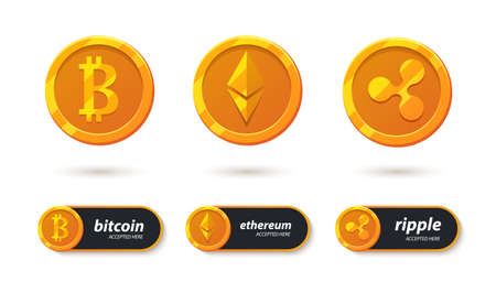 Cryptocurrency banking payment accepted here. Bitcoin, ethereum, ripple accepted here sticker. Pay for e-business coin. Electronic crypto system - icons set. Button to your app design and websites.のイラスト素材