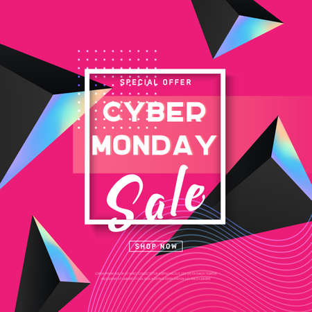 Cyber Monday concept banner in modern style. Abstract fluid holography shape, dynamic background for web, e-mail promotion. Promotion online retailers. Business offer cyber Monday. Vector illustrationのイラスト素材