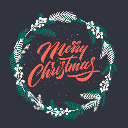 Christmas greeting card with handwritten lettering. Christmas ornament with Tree, Pine Branches. Merry Christmas text for greeting cards with winter decoration. Vintage card. Vector illustrationのイラスト素材