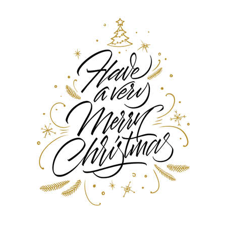 Have a Very Merry Christmas. Calligraphic inscription with golden ornament. Hand written lettering on white background. Calligraphic Xmas Wishes. Happy New Year card design. Vector illustration EPS 10のイラスト素材