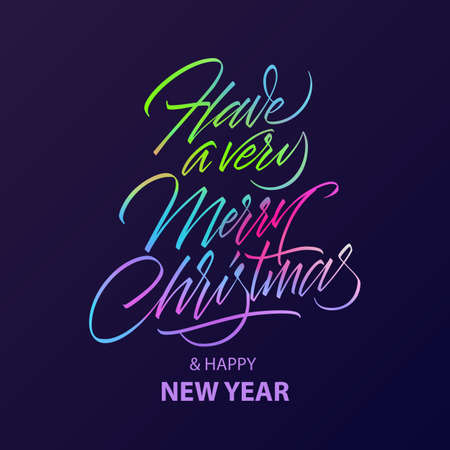 Have a very merry christmas lettering with glow neon color, dynamic fluid effect. Calligraphy text for greeting card. Hand written lettering. Xmas Wishes. 2019 greeting card. Eps10 vector illustrationのイラスト素材