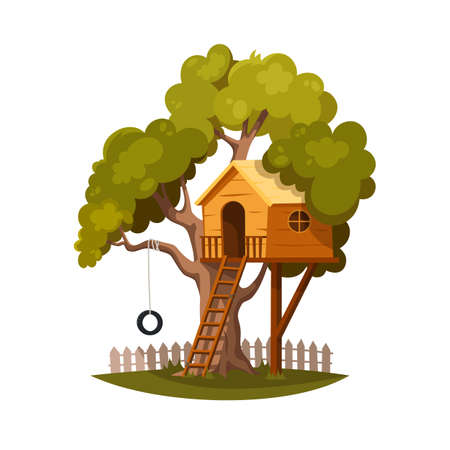 Tree house for playing and joyful children. House on tree for kids. Children playground with ladder and wheel. Wooden town. Summer camp vacation. Flat cartoon style.  illustration, isolatedのイラスト素材