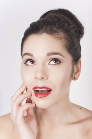 Beautiful Brunette Smiling Woman Portrait With Red Lipstickの写真素材