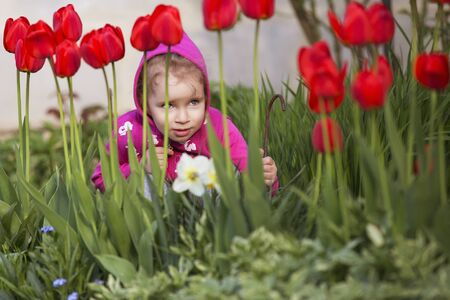 Little girl kid playing, having fun. outdoorsの写真素材