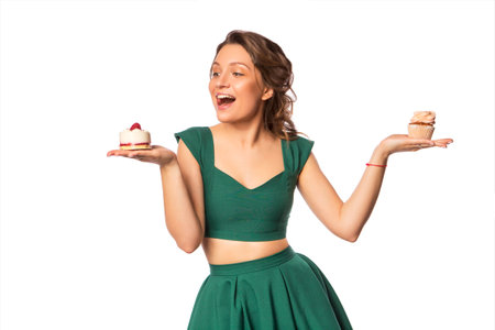 Brunette pretty beautiful caucasian woman in blue festive dress blowing candle on a birthday party cupcake. Isolated white backgroundの写真素材