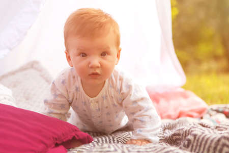 Little newborn infant baby boy kid on a plaid in park. Summer sunset. Copy space