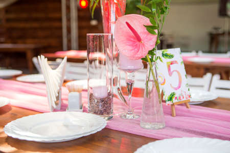 Decoration for a wedding ceremony on a back yard with tables, plates, and vases full of anthurium flowers and monstera leafs. Pink and green colors. Space for textの写真素材