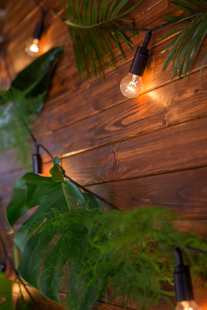 Decoration for a wedding ceremony on a back yard with anthurium flowers and monstera leafs on a wooden background with lamp garland. Space for textの写真素材