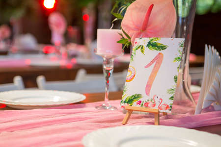 Decoration for a wedding ceremony on a back yard with tables, plates, and vases full of anthurium flowers and monstera leafs. Pink and green colors. Space for textの写真素材
